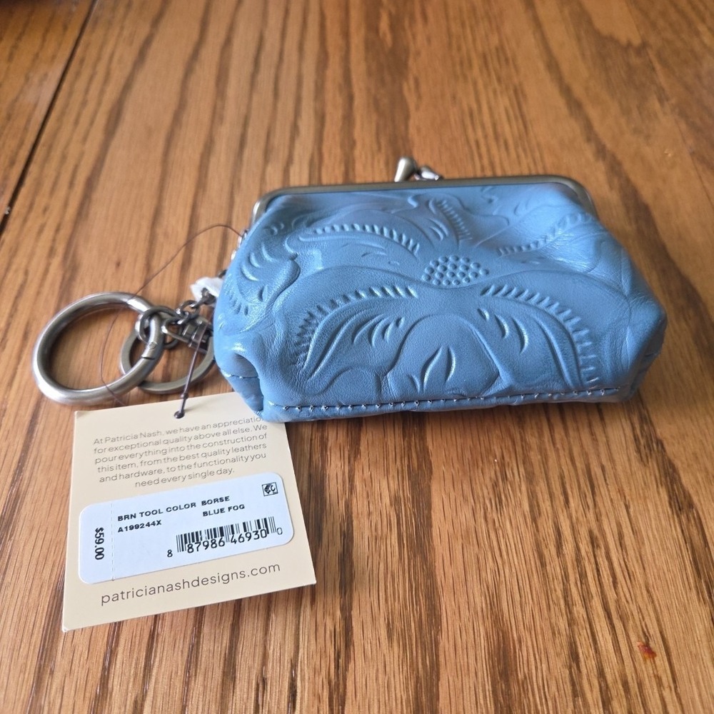 Patricia Nash NWT Borse Tooled Leather Coin Purse Blue Fog TOOLED Floral Western